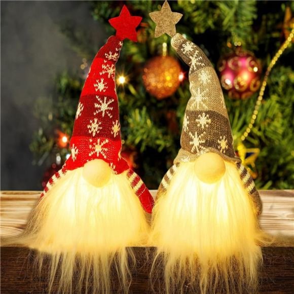 15" Lighted Christmas Gnome, Handmade Plush Scandinavian Swedish Tomte,  2 Set - Picture 6 of 7